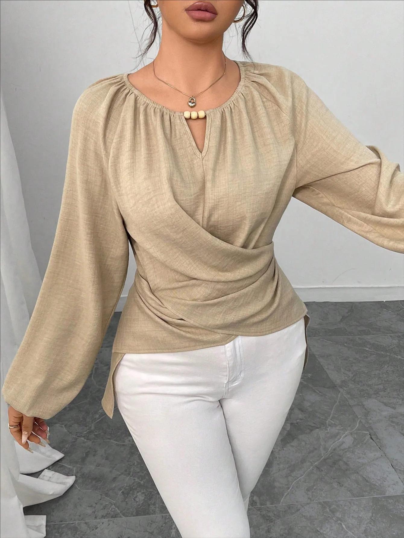 Women Solid Wrap Blouse Autumn Fashion Gathered O-neck Bead Detail Balloon Long Sleeve Lace Up Waist Ruched Slim Casual Shirt