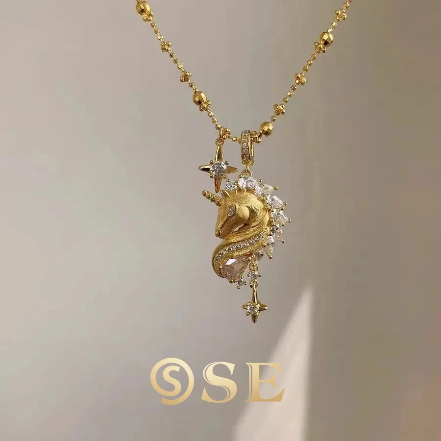 

SE Personality Flash Diamond Unicorn Necklace Accessory Luxury High-End Sense Embedded Zircon Pendant Women's Single Piece