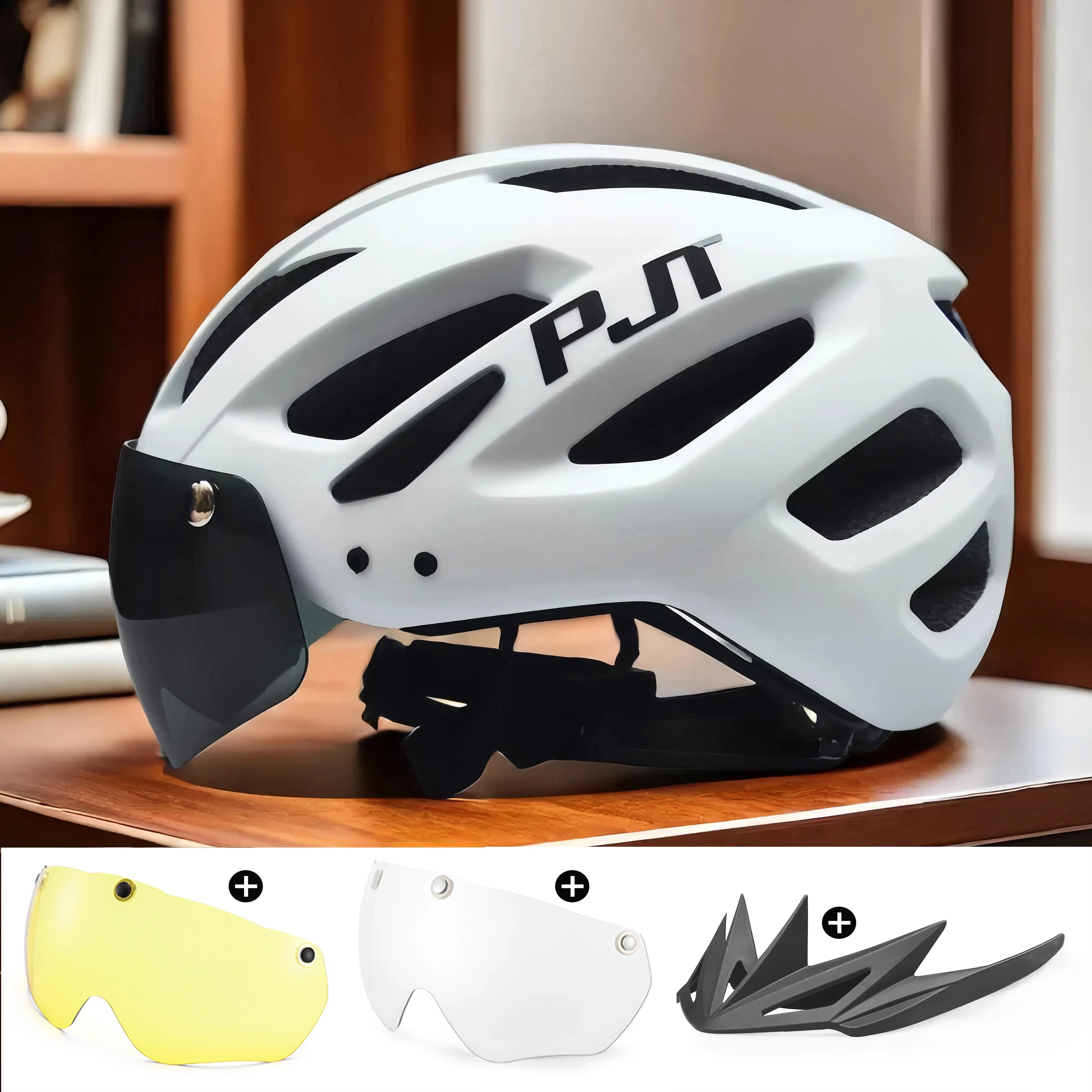 PJT Nieuwe LED Fietshelm Met Zonnebril Vizier Oplaadbare LED Heren Fietshelm Zonnebril Schild Road MTB Fietshelmen