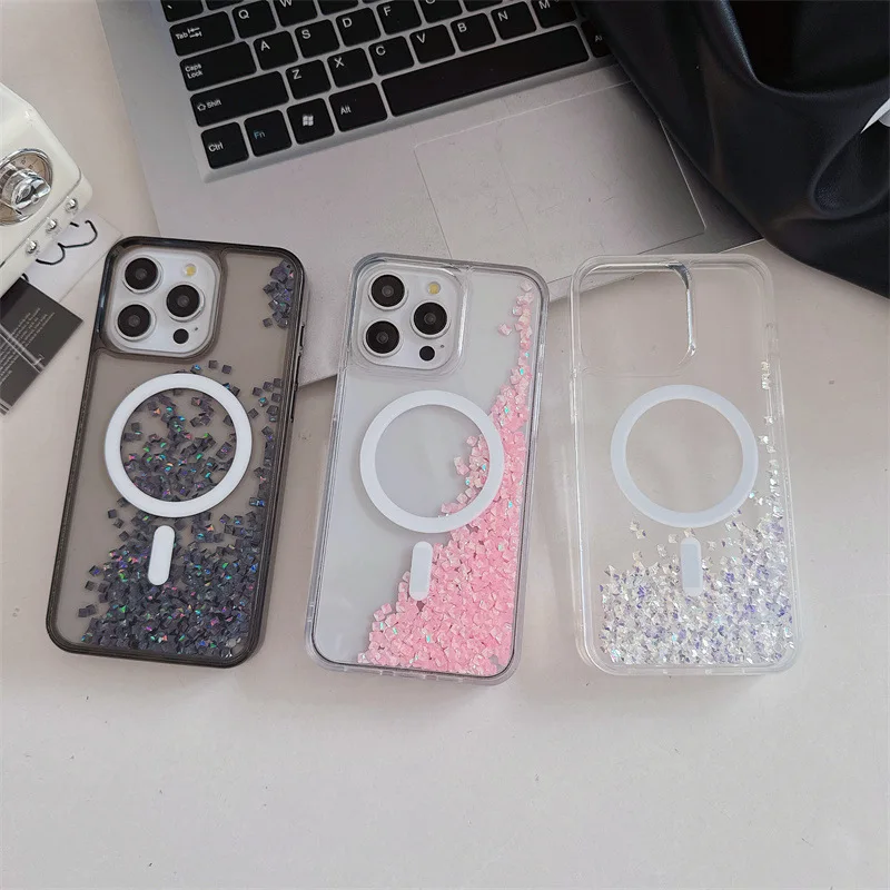 

Shockproof Quicksand Glitter Sequins Magsafe Wireless Charging Case for iPhone 15 Pro Max 14 13, Clear Bling Magnetic Cover