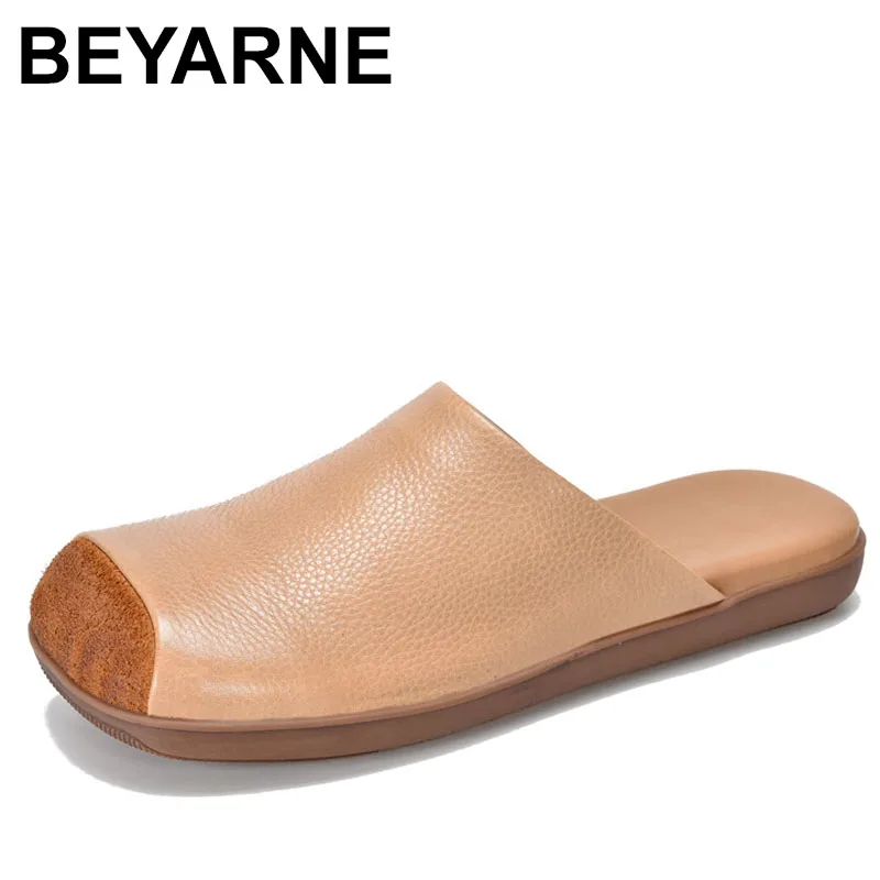 

2025 Summer New Retro Genuine Leather Slippers Round Toe Mixed Colors Soft Sole Women Outdoor Slides