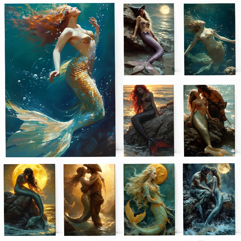 Pirate Mermaid Romance Love Ocean Folklore Magical Fantasy Poster Print Wall Art Pictures Canvas Painting Room Home Decor Gift