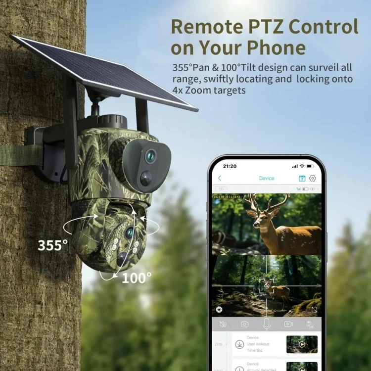 

Dual Lens Outdoor Waterproof Camouflage 2K Solar Hunting Batteries Wireless For Forest Solar 4G PTZ Security Camera