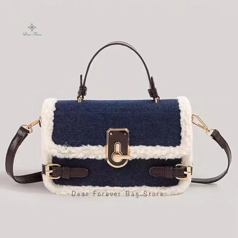 Women's Fashion Lamb Wool Retro Shoulder Bags Autumn Winter New Handbag Cute Patchwork Purse Messenger Bag Casual Crossbody Bags