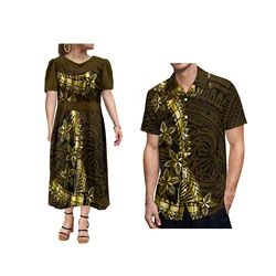 New Design Customized Polynesian V Neck Dress Puff Short Sleeve Midi Ladies Dress Big Size Island Dresses