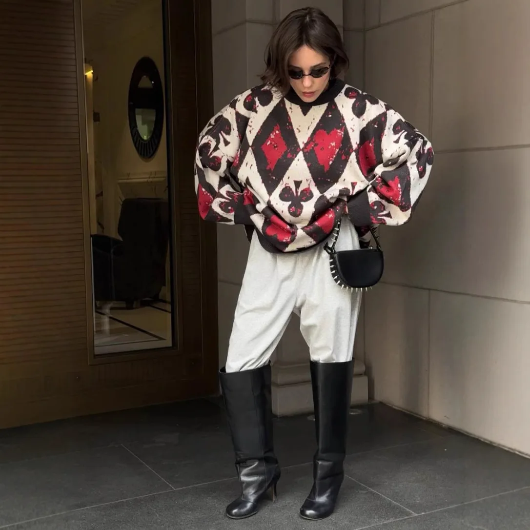 2025 المتناقضة الماس الرجعية المتناقضة Crewneck متماسكة المرأة الخريف/الشتاء فضفاض البلوز تصميم سترة #2