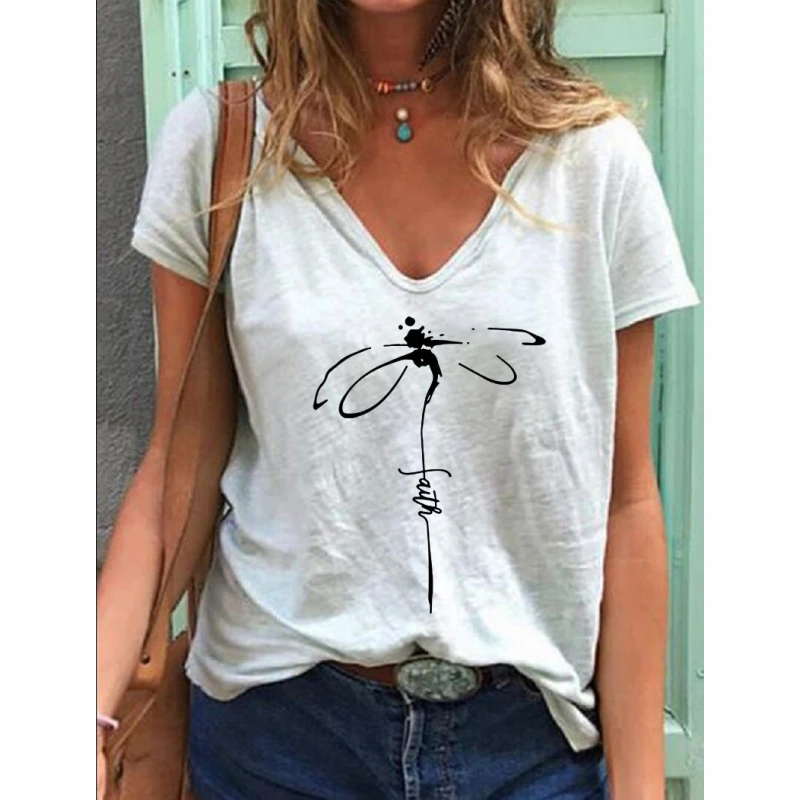 

Summer 2023 Printed ort Sve V-Ne T-irt Casual Sle Cross-Border Hit Women's Faion Comfortable Breathable Top