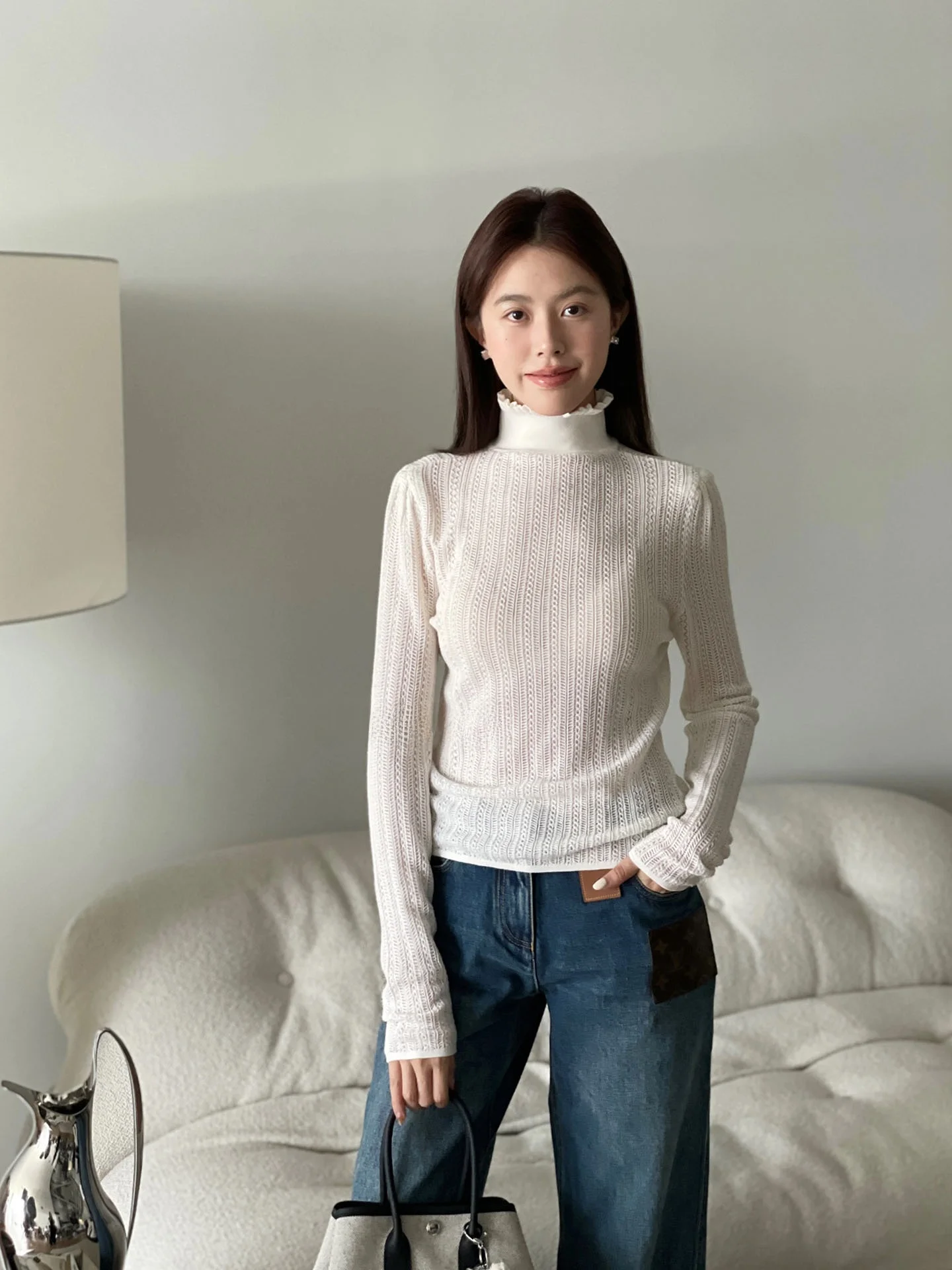 

Ele Women's High Collar Knitted Sweater Fi Buy Buy e Lace Trim Hollow out Wool Silk Faionable All Seasons