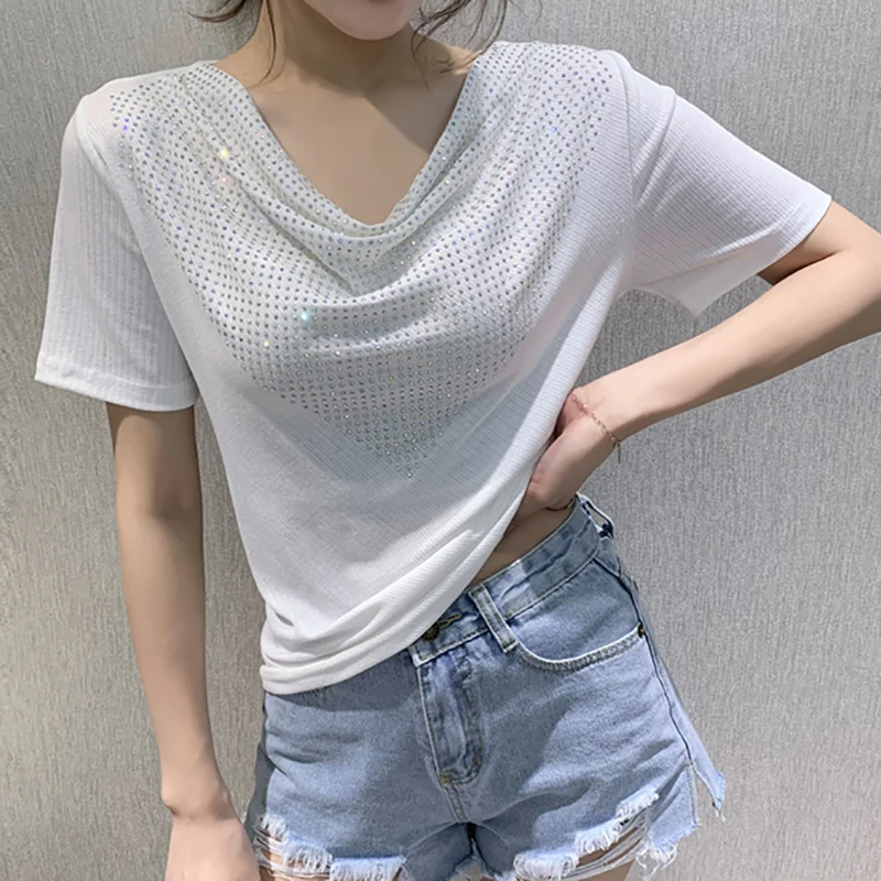 Hot Drilling T Shirt Women Summer Top Mujer Cotton T Shirts Short Sleeve Tees Korean Style Woman Clothes Casual Tee Shirt Femme
