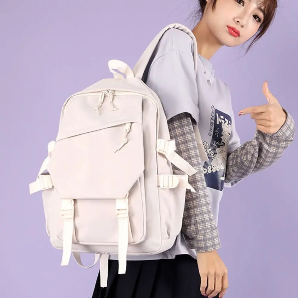 Multi-Function Nylon Backpack Adjustable Solid Color Women Shoulder Bag Korean Style Large Capacity Students Schoolbag Travel