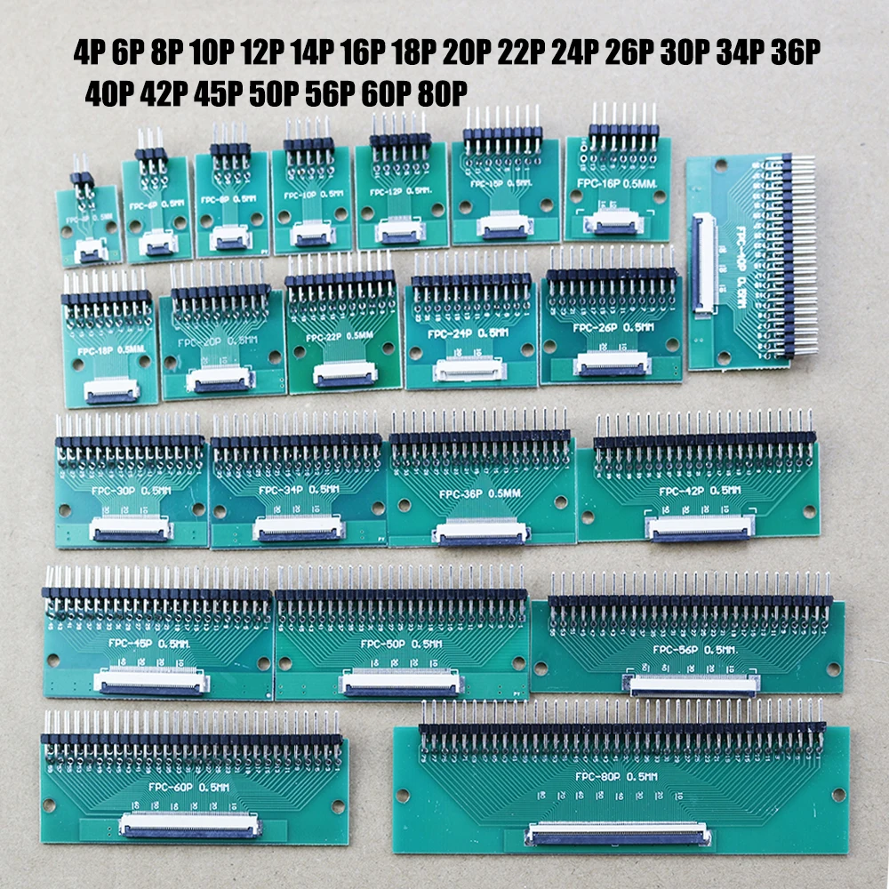 1pc 4P-80P 0.5mm pitch Connector SMT Adapter to 2.54mm 1.00 inch hole FPC FFC Cable Welded board + double row Curved Pin