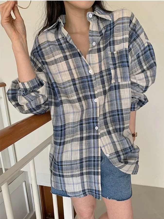 

Blue Plaid Long Sleeve Shirt Women's Loose Casual Style Spring 2026 New Arrival Korean Version Hong Kong Style Versatile Top