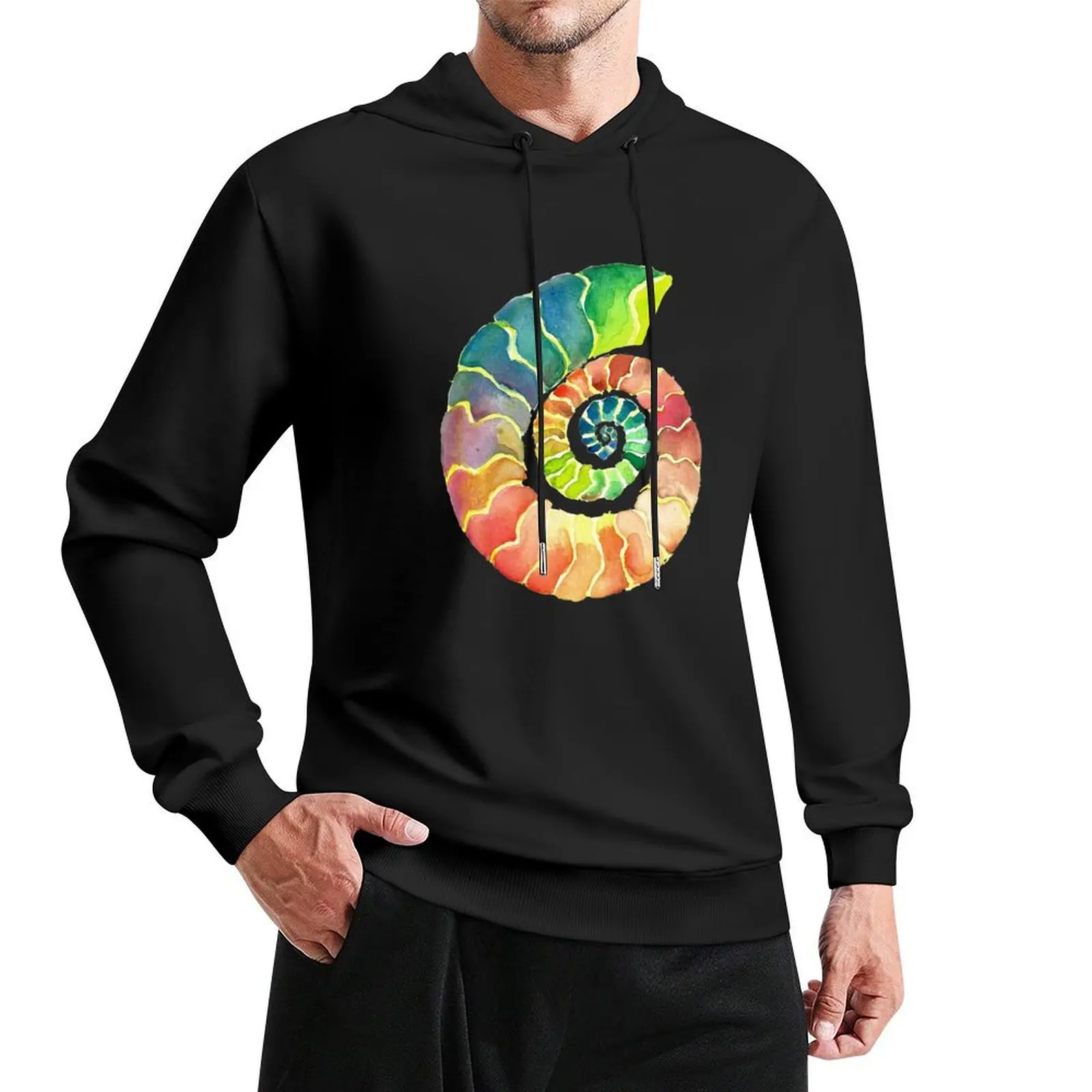 

Watercolor Fossil Ammonite in Rainbow Pullover Hoodie mens clothes fashion men aesthetic clothing new in hoodies