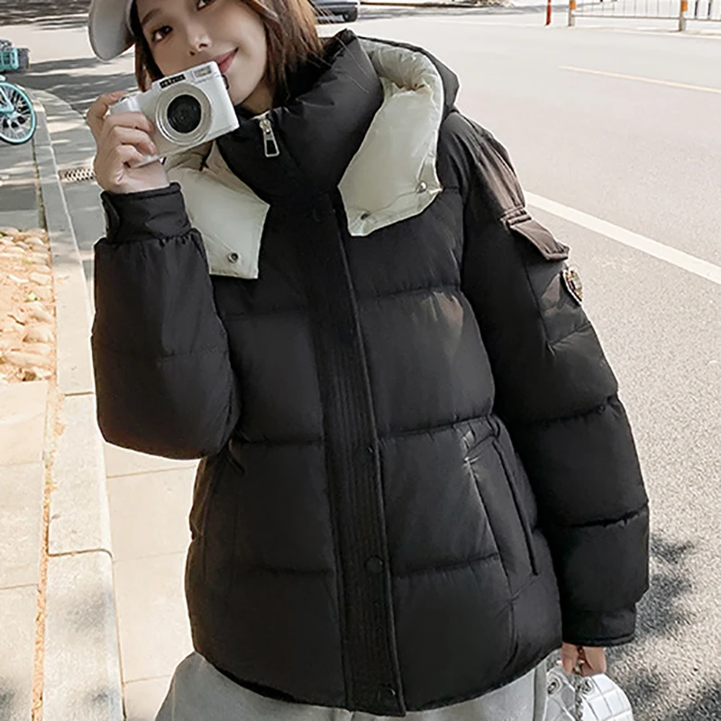 Parker Winter Warm Hooded Short Jacket Women Cotton New Solid Color Loose Thick Long Sleeved Zipper Fashion Women Cotton Jacket