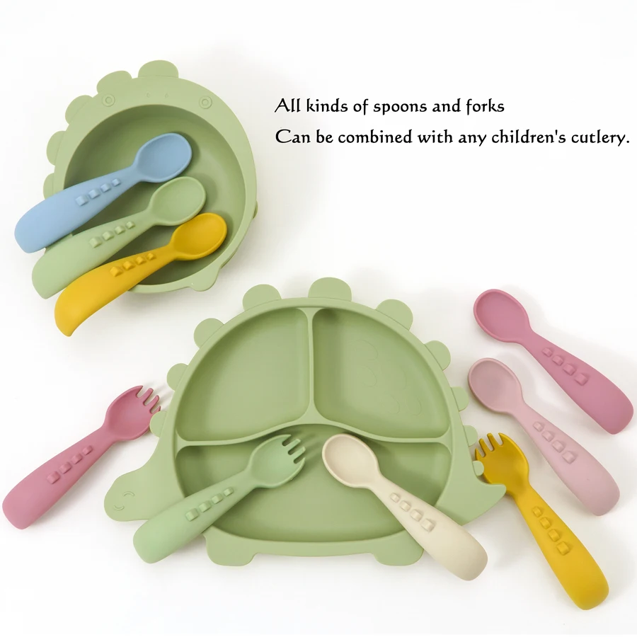 

4Pcs/Set Baby Silicone Dishes Plate Spoon Set Baby Feeding Sucker Bowl Baby BPA Free Fork Spoon Portable Tableware For Children