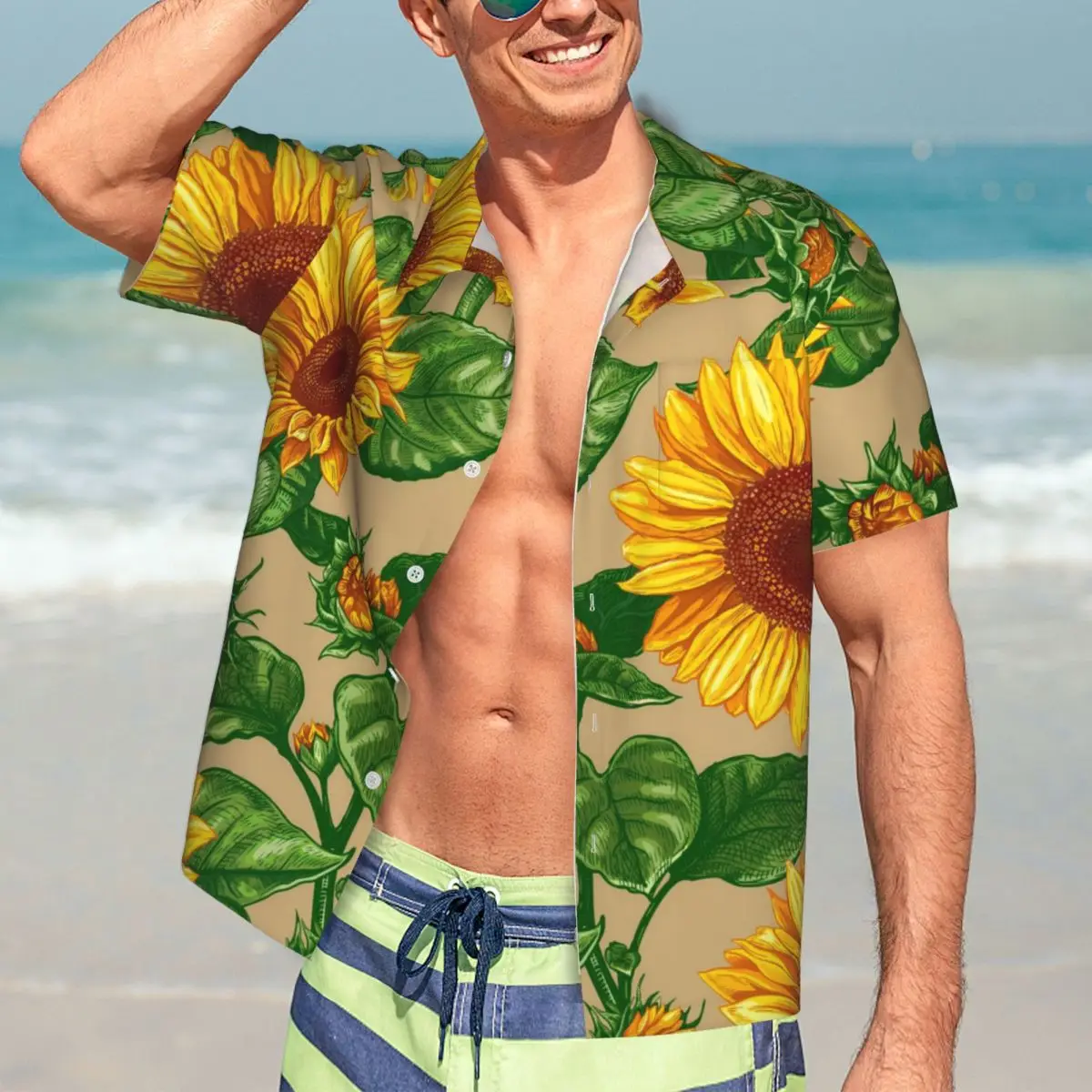 

Sunflower Print Casual Shirt Yellow Flowers Elegant Hawaiian Shirts Men Short Sleeve Vacation Streetwear Oversized Blouses