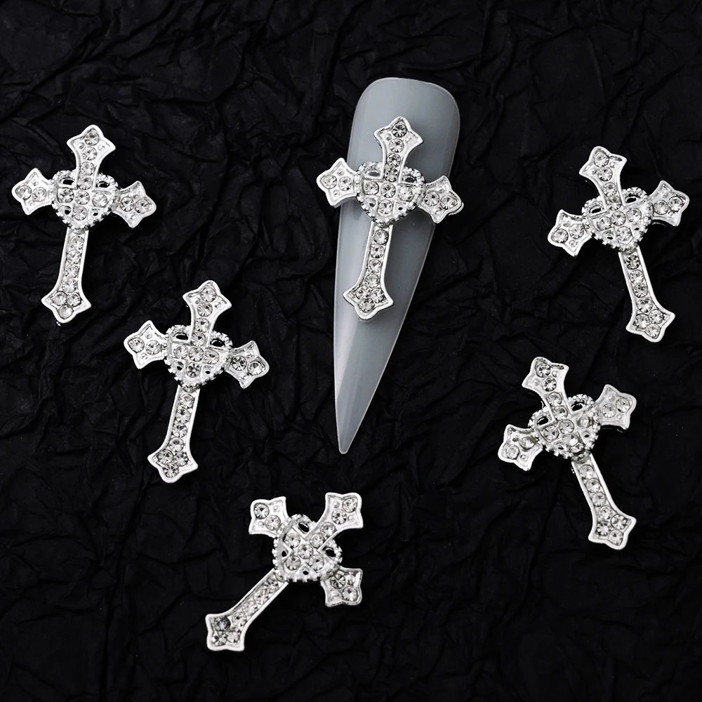 10 pz/lotto Luxury Silver Cross crocifisso Nail Art Charm Parts lega strass Crystal Manicure Nail accessori forniture decorazione