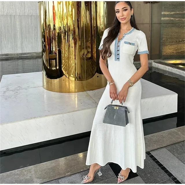 Elegant Contrasting Women Knit Maxi Dress Chic O-neck Short Sleeve Metal Buttons Bodycon Dresses Office Lady Commuting Robe
