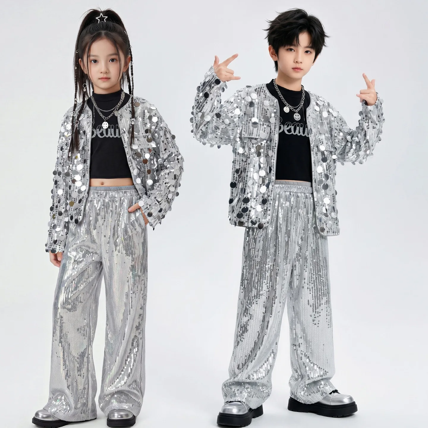 Hip Hop Boys Sequin Jacket Tassels Cargo Pants Girls Silver Vest Jacket K-pop Kids Streetwear Childen Jazz Dance Clothes Set