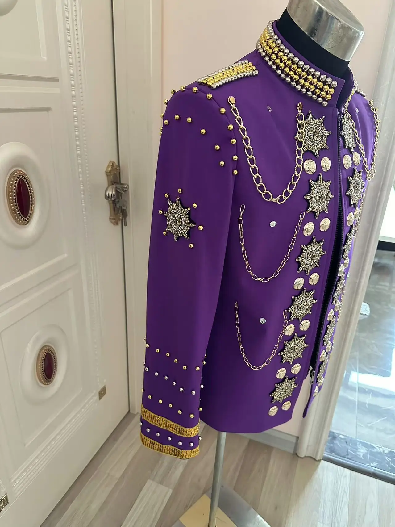 Handmade Men Purple Chain Metal Royal Jacket Party Show Performance Coat Nightclub bar Male Singer Dancer Stage Costumes