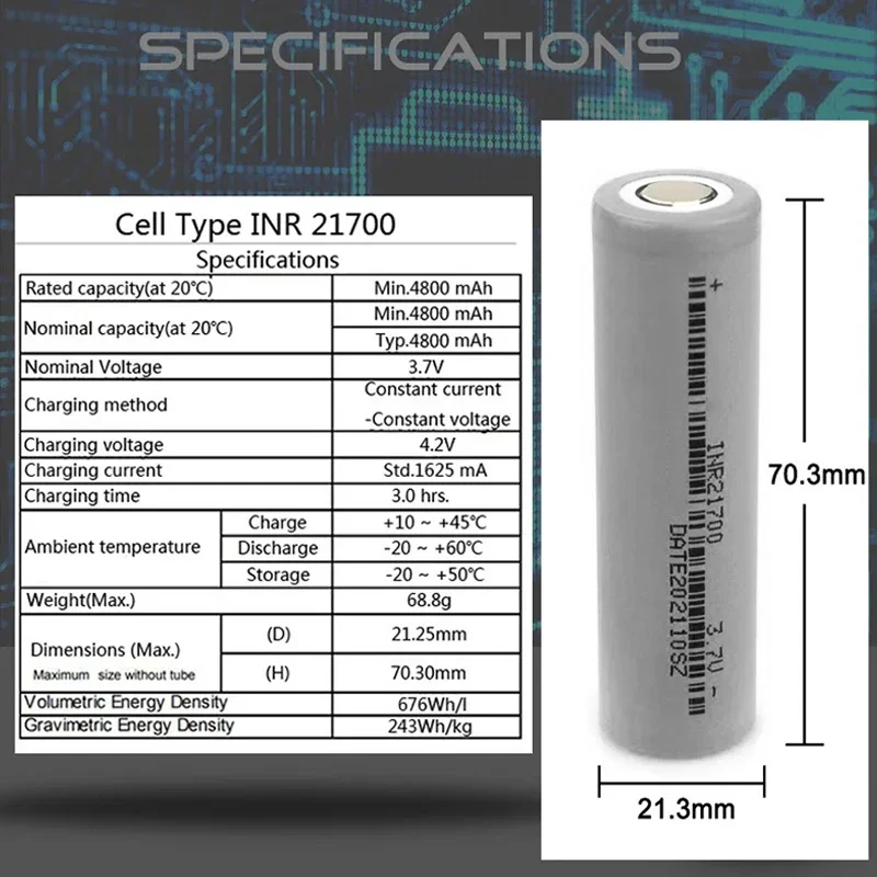 High-drain Li-ion Battery 21700 3.7V 4800mAh Lithium Rechargeable Battery 21700 25A High-discharge Battery