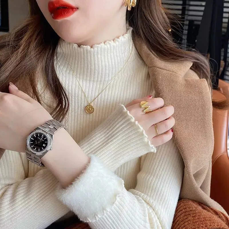 여성용 한국 하프 하이넥 스웨터, 편안한 우아한 니트 하의 셔츠, 플리스 따뜻한 긴팔 상의, 가을 및 겨울 신상