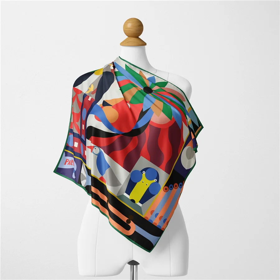 Twill Silk Scarf Woman Graffiti Painting Square Scarves Wraps Bandana Small Hijab Silk Foulards Tie Headband Neckerchief 53CM