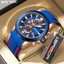 SANDA Sport Analog Quartz Watch for Men Fashion Waterproof Chronograph Wristwatch with Blue Silicone Strap Auto Date Luminous