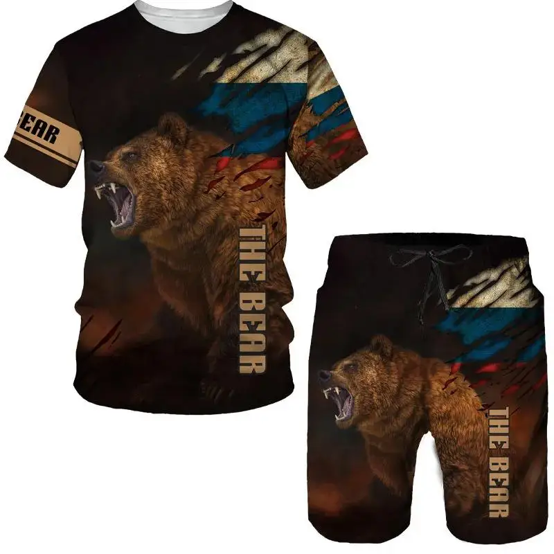 

Men's Bear Print Sportswear ort irt Set Casual Summer Outfit ort Sve T-irt And orts Combo No Brand Registered