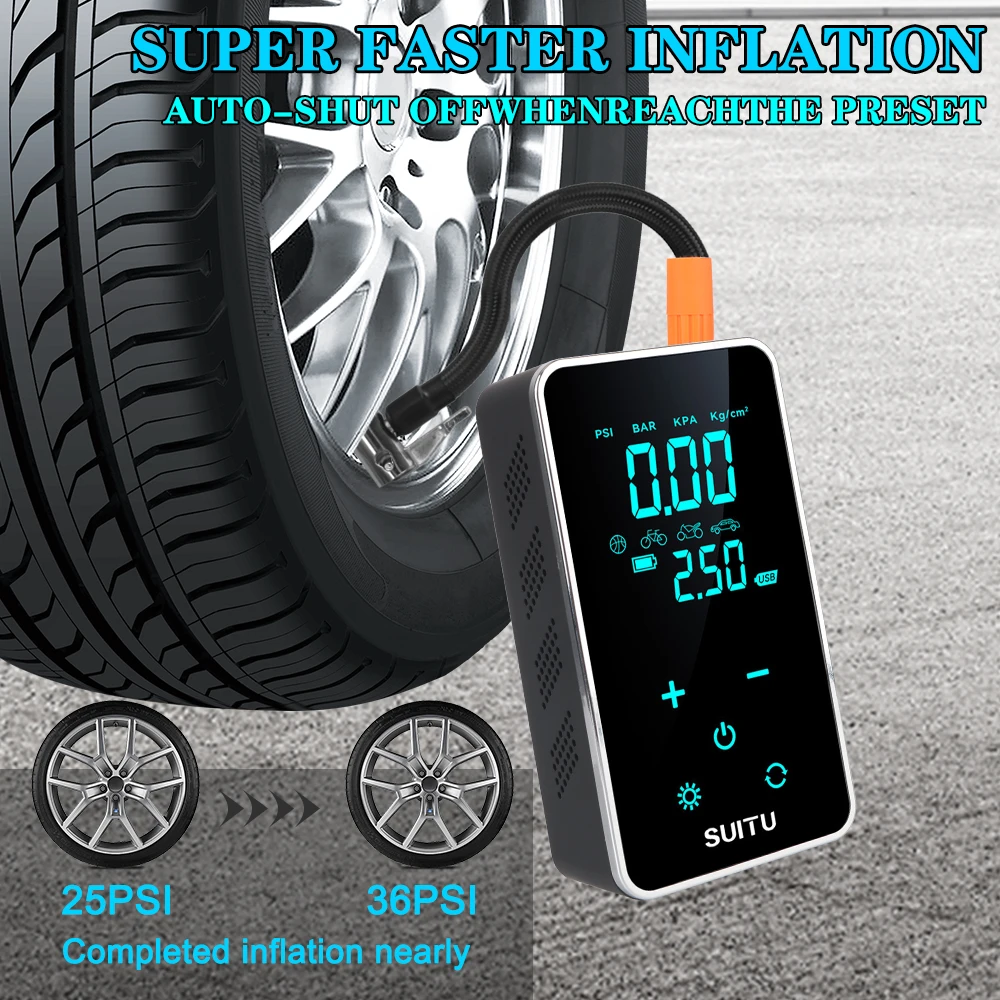 Portable Electric Air Pump Built-in 4000mAh Li-Battery Compressor Motorcycle Car Tire Inflator 16L/Min 150PSI Digital Inflation