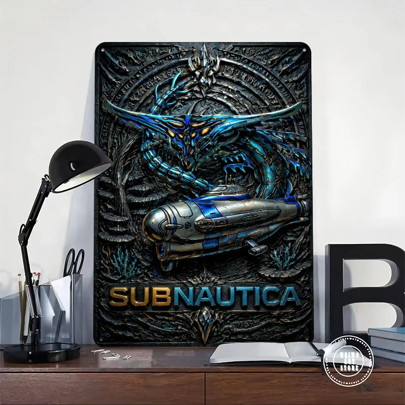 Subnautica Creature and Submarine Relief 3D Printed Texture Poster Personalized Wall Art Retro Metal Tin Signs for Home Decor