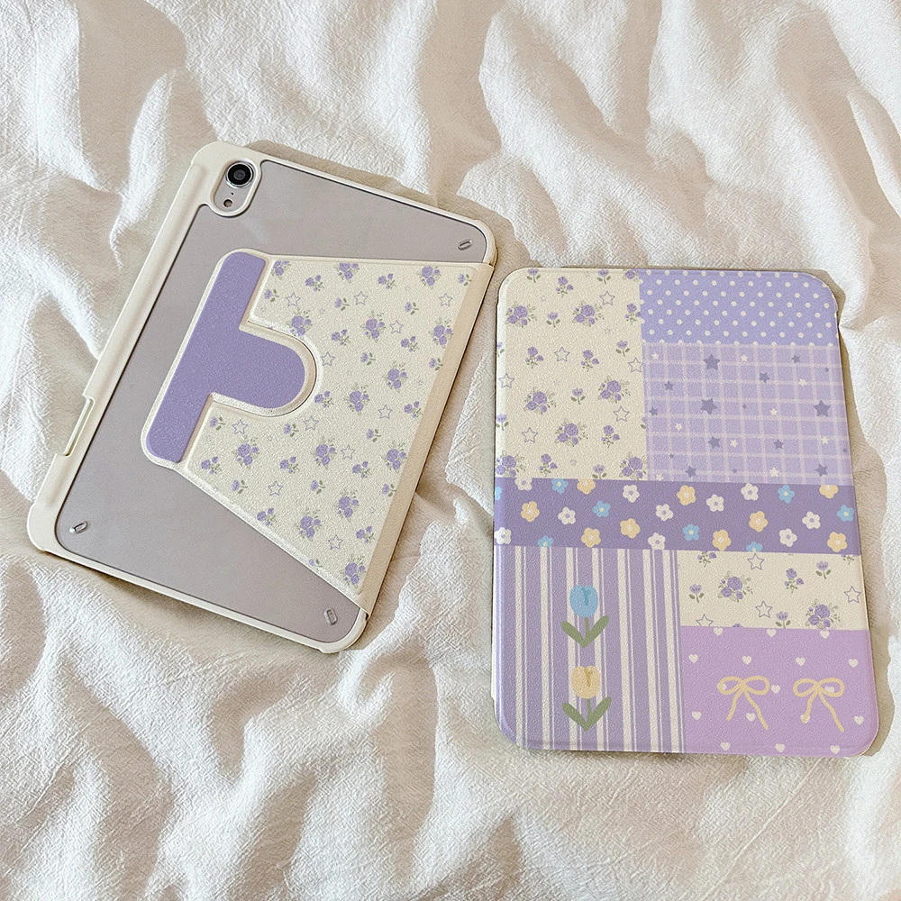 Purple Plaid Flower Tablet Case For iPad Pro 11 12.9 13 A16 M2 M4 M3 M5 Shell 9.7 10.2 5/6/7/8/9/10/11th Mini Air 3 4 5 6 Cover