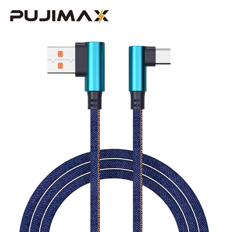 PUJIMAX Double Elbow 90 Degrees Mobile Phone Cables Cowboy Braided Wire Data Transmission Micro USB C Cable for IPhone Samsung