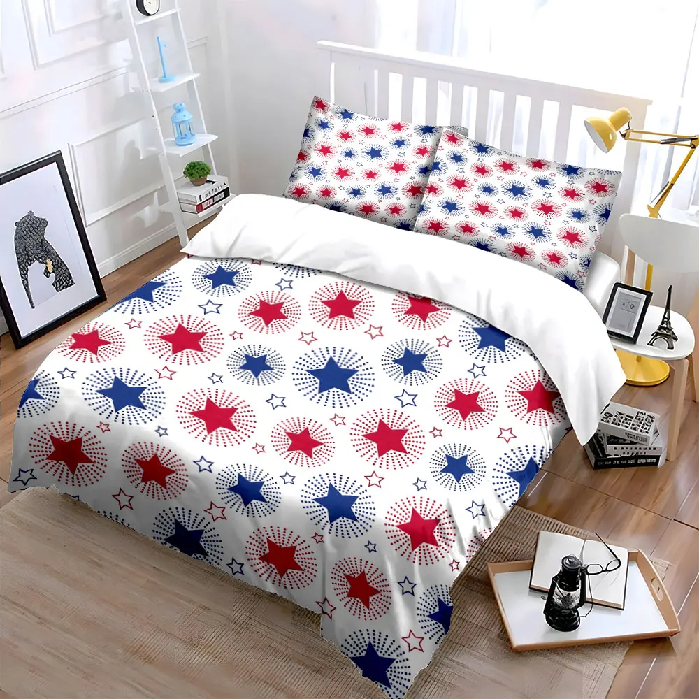Red and blue star pattern Duvet Cover Set with 3D Printing Design Soft Polyester Bedding Set All-Season Comfort for gifts