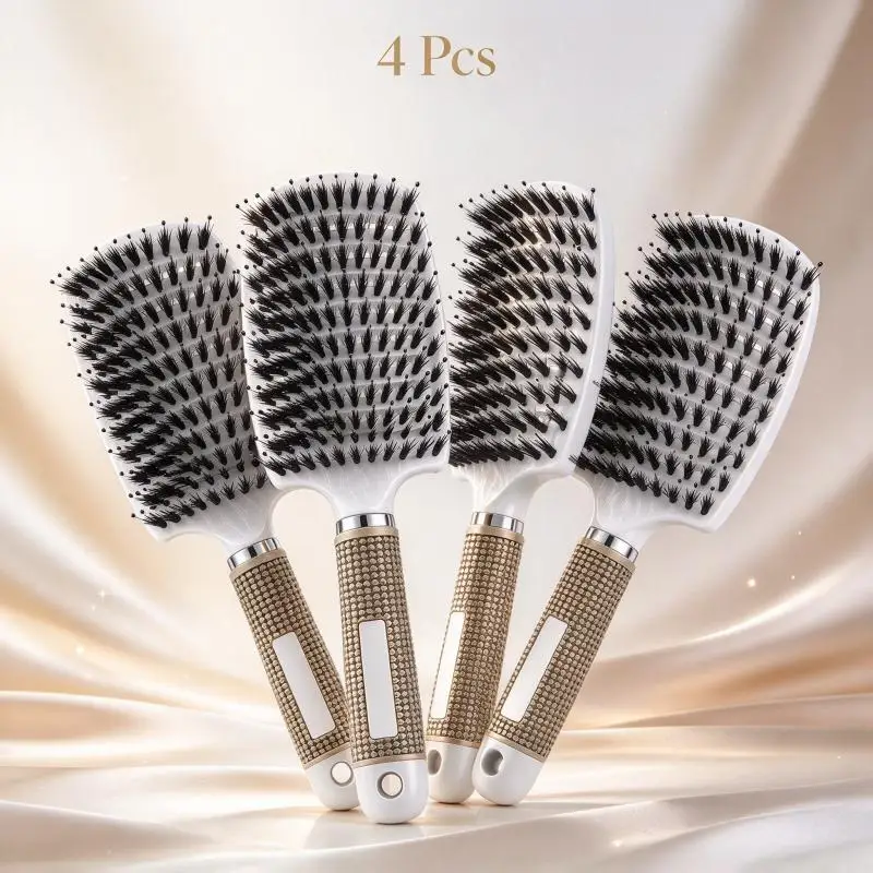 4Pcs White Champagne Curved Hollow Out Bristle Hair Brush Set, Non Slip Beaded Handle Scalp Massage Detangling Comb For Curly Thick Hair Salon Home Travel Hair Styling Tools
