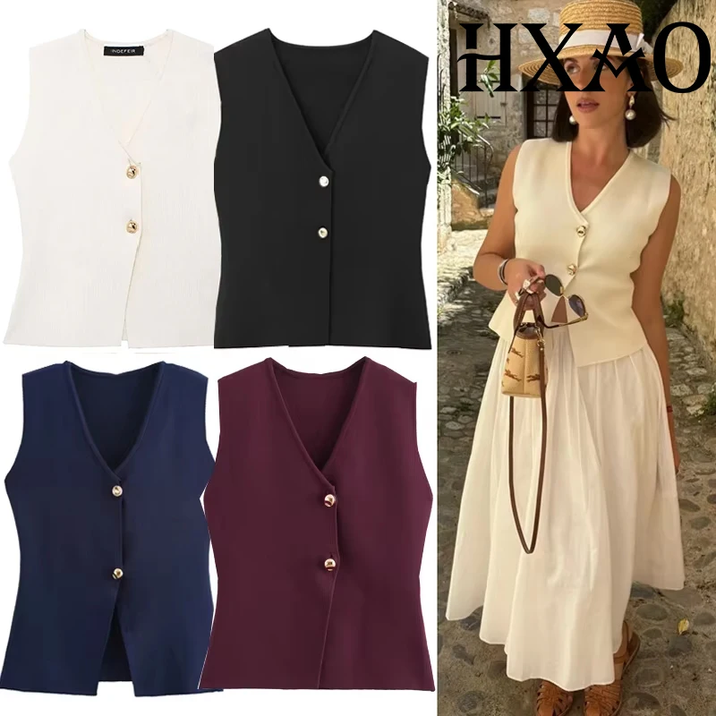 

HXAO укороченный вязаный жилет для женщин, весенний жилет без рукавов, женский модный тонкий черный жилет, элегантный однотонный вязаный свитер, жилеты, топ