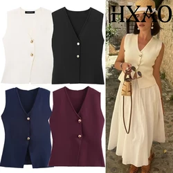 HXAO Cropped Knit Vest For Women Spring Sleeveless Vest Woman Fashion Slim Black Vest Elegant Solid Knitted Sweater Vests Top