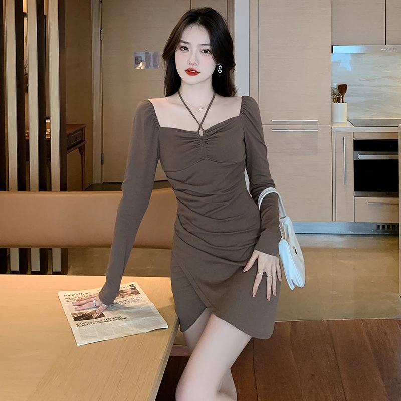 

Spring and Summer 2023 New Slim Slim Hanging Neck Knitted Sexy Fashion Slim Dress Women's One-word Wrapped Hip Dress