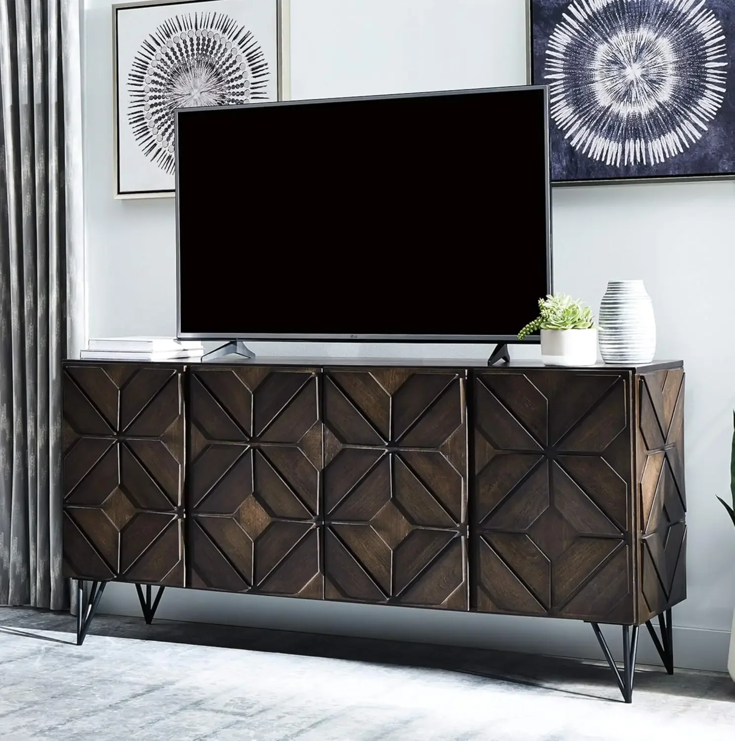 

Chasinfield Urban Geometric Design TV Stand Fits TVs up to 70", 4 Cabinet Doors and 3 Adjustable Storage Shelves, Dark Brown