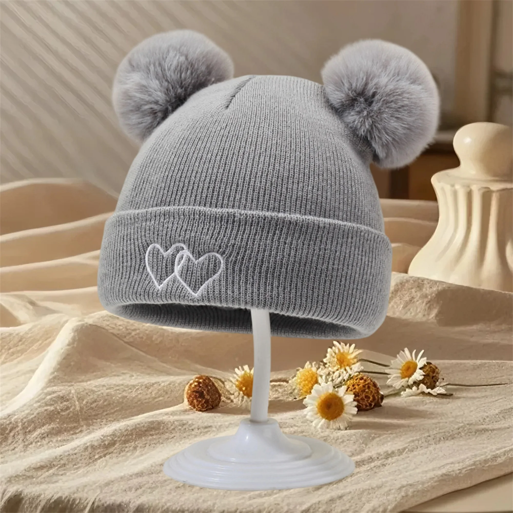 

Cable Knit Pom Pom Beanie for Children Cozy Winter Hat with Heart Design and Fuzzy Balls Adorable Headwear for Kids