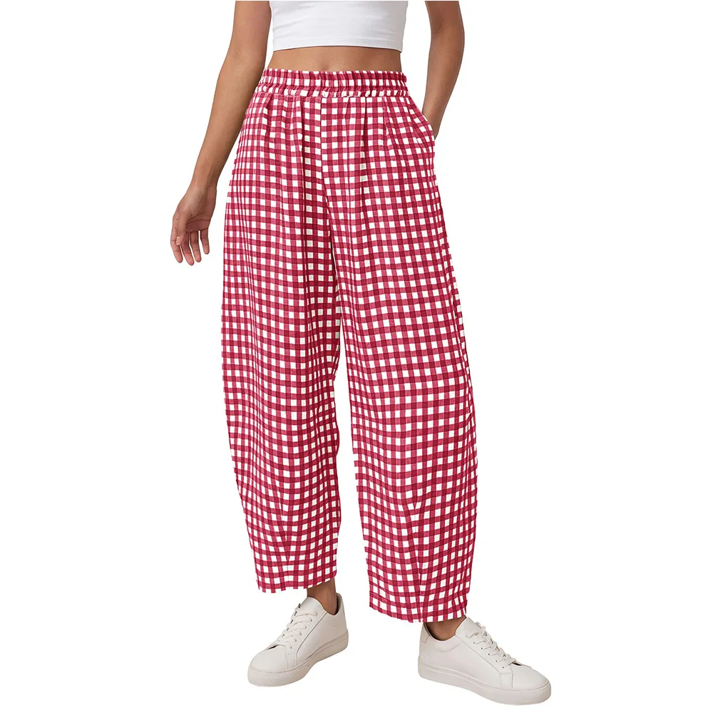 Women's Summer Gingham Checkered Wide Leg Pants Loose Elastic Waist Baggy Trousers Ankle Length with Side Pockets