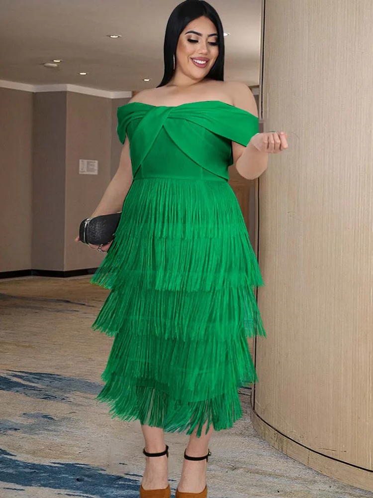 Plus Size Fringe Dress Women Tassel Strapless Sexy Solid Off Shoulder Sleevless Elegant Bodycon Long Birthday Party Dresses 2022