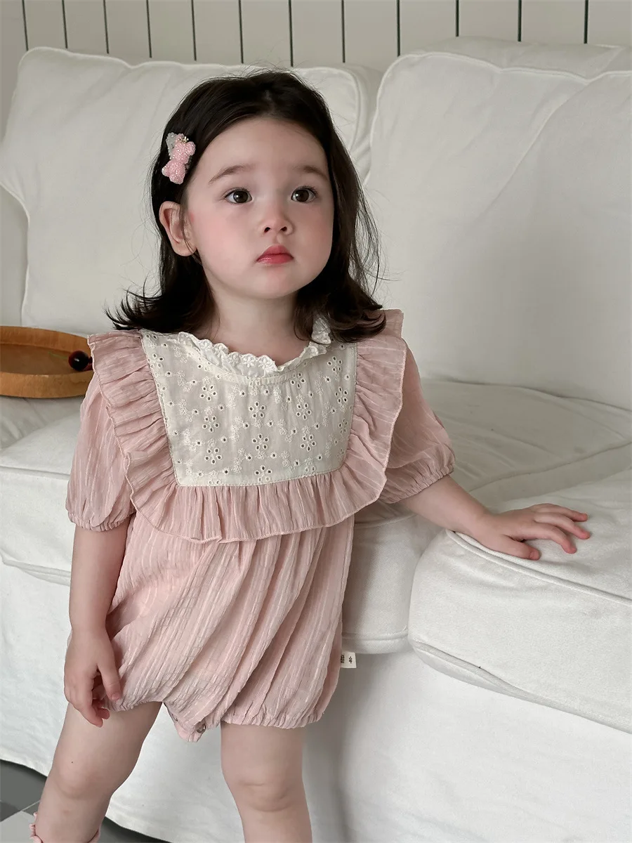 2024 Summer New Baby Short Sleeve Bodysuit Thin Solid Infant Girl Cute Lace Collar Sweet Princess Jumpsuit Newborn Clothes 0-24M