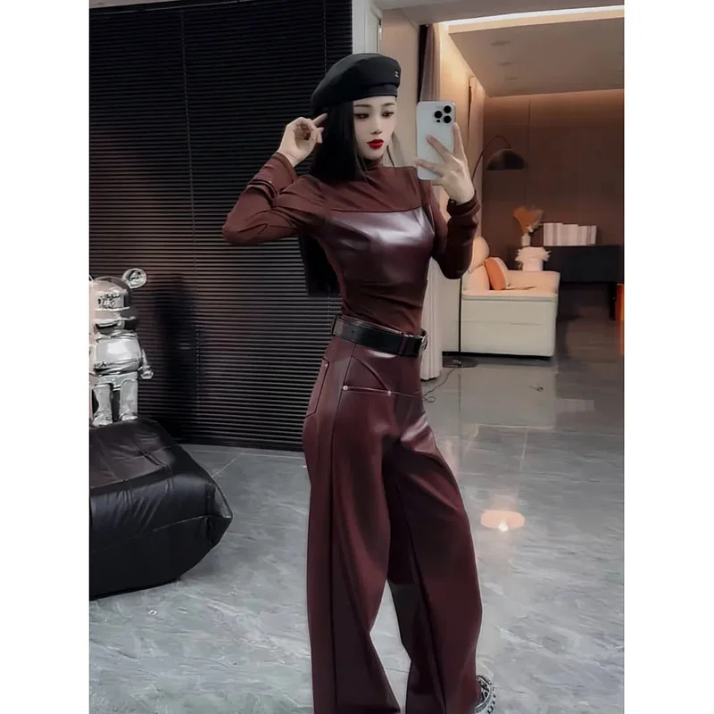 

Fashion Suit Women's 2024 Autumn Winter New Design Sense Pu Leather Stitching Two Pieces Set Bottoming Shirt Tops+Wide-Leg Pants