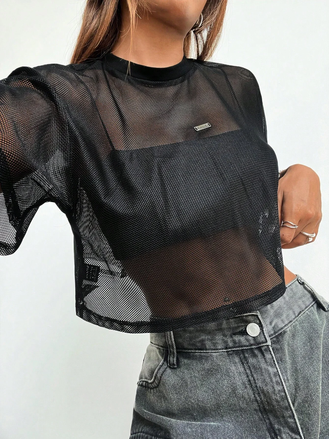 

Black Mesh Short Sleeve Cropped Top For Women