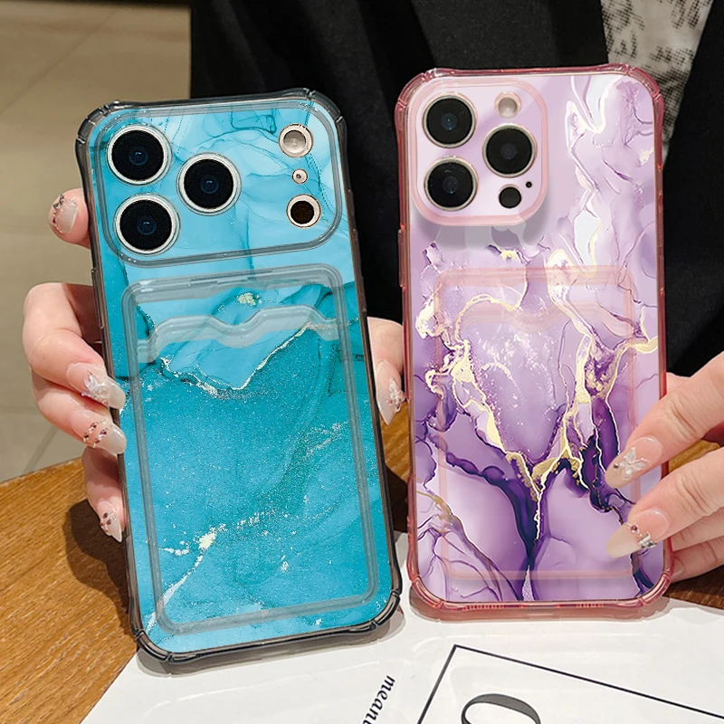 Capa de Celular com Estampa de Mármore Colorido para iPhone 17 16 15 14 13 Pro Max 17 Pro Air 17e 16e 11 Transparente Antichoque Macia com Compartimento para Cartões