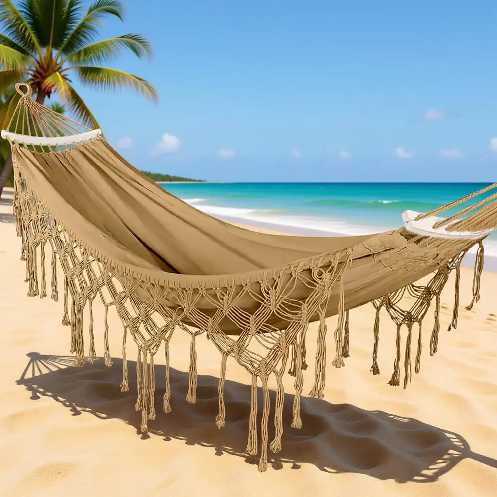 

Canvas Hammock with Tassels, 500 lbs Capacity, Thickened Rope, Carry Bag, Ideal for Outdoor, Garden, Patio, Wedding Decor (Khaki