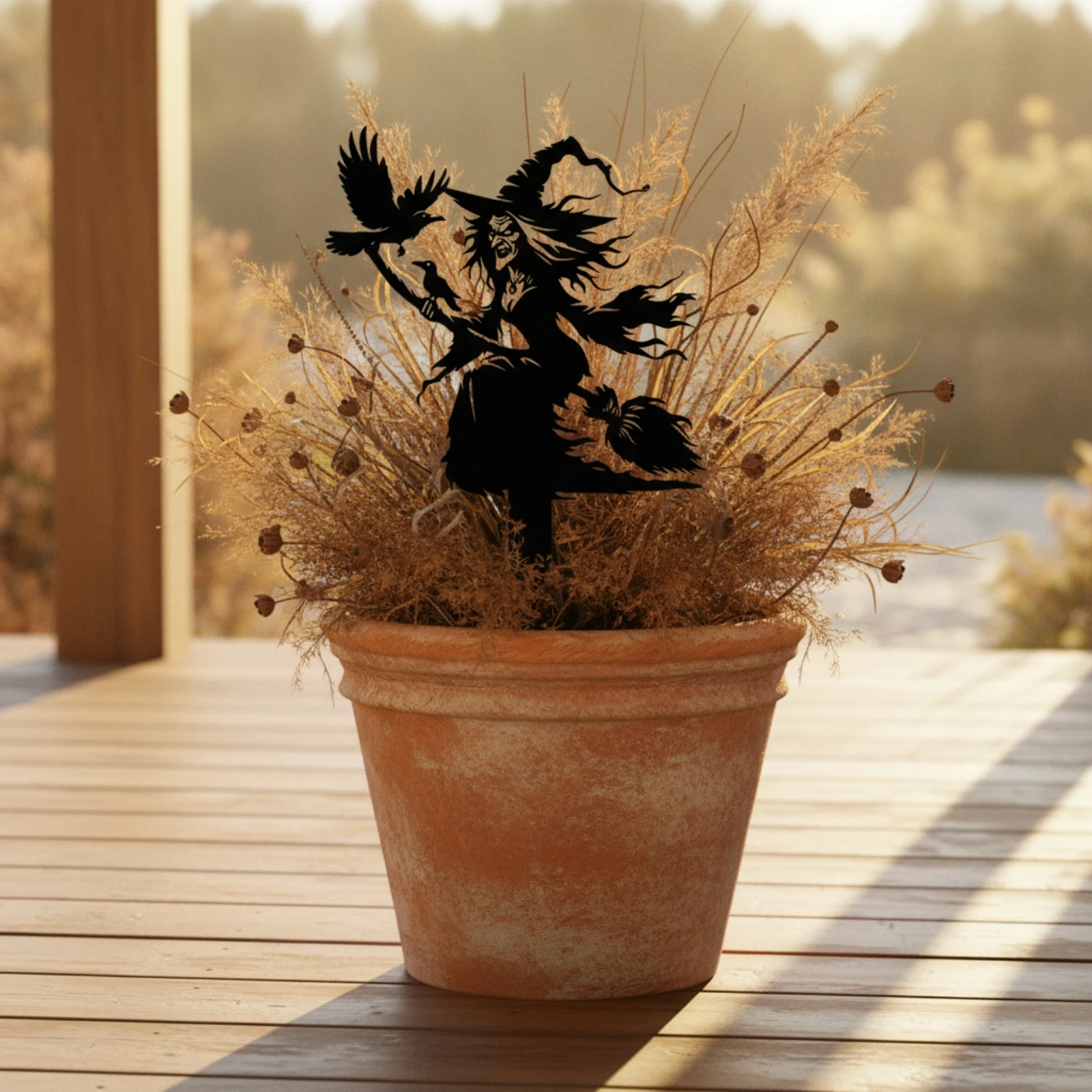Witch on Broom Stake Spaventoso Witch Silhouette Stake Segnaposto per Halloween Pointed Decorazione Festivo for Garden, Lawn