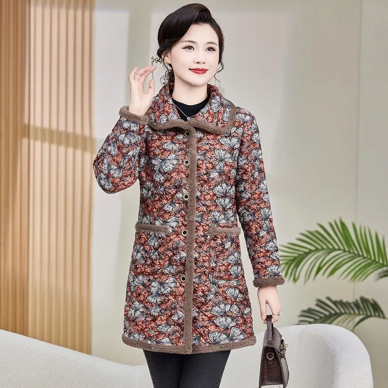 Female Fashion Printing Cotton-padded Jacket Women Winter Thicker Loose Casual  Retro Cotton Coat