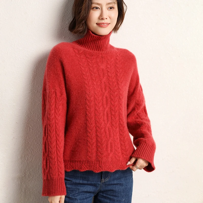 Autumn Winter New Style Women's High Neck Cashmere Sweater Loose Skinny Pullover Sweater High Neck Twisted Knitting Base Coat